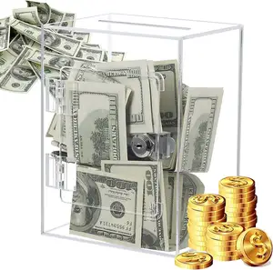 Yetişkinler için kumbara kare şeffaf akrilik para kumbara açmak için şeffaf akrilik anahtar para banka kumbara