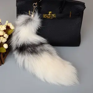 Tùy chỉnh 40cm lông chính hãng đuôi Keyring cho túi Fluffy dài trắng bất Fox lông Keychain cho túi xách