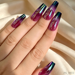 Uñas Postizas de Lujo con Efecto Camaleón, Forma Ataúd Larga, Metálicas Duocromáticas Púrpura y <span class=keywords><strong>Verde</strong></span>, Cobertura Completa, Reutilizables, Acrílicas - Product Image 1