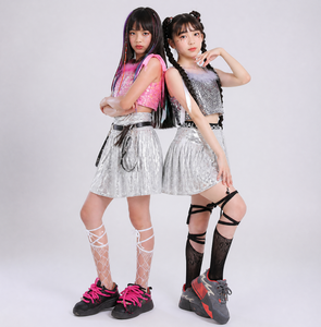 Traje de Baile Hip Hop Jazz <span class=keywords><strong>para</strong></span> Niñas, Top con Lentejuelas, Falda Plisada, Atuendo <span class=keywords><strong>para</strong></span> Espectáculo - Product Image 3