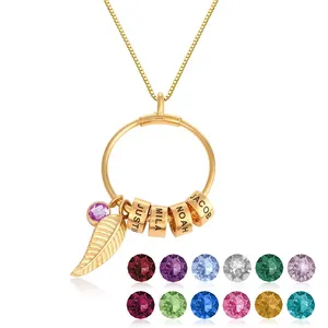 Custom Gold necklace Circle Pendant Jewelry Personalized diy Engraved Beads Rhinestone Birthstone Necklace with Leaf Pendant