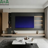 Mueble de TV Moderno SLS de Madera Negra con Estantes con Iluminación LED, Consola Multimedia Flotante y Base de Mármol