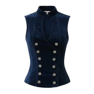 Top de Mujer Retro de Terciopelo con Doble Abotonadura, Tejido, Ecológico, sin Mangas, Cuello en V, Corte Ajustado, para Primavera/Verano - Product Image 1