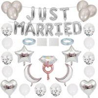 Kit de ballons en latex et en aluminium avec motifs Lune Argentée, Étoile, Bague Diamant et 'Just Married' pour la décoration de toile de fond de fête nuptiale