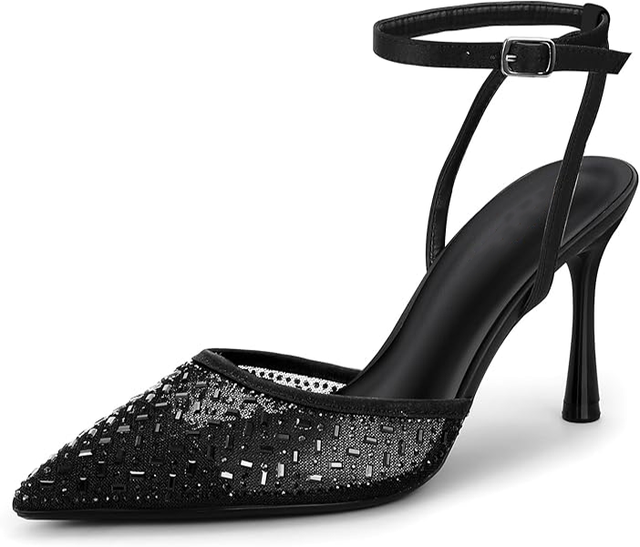 Women's High Heels Sexy Stiletto Pumps Closed Toe Mesh Sparkly Rhinestones Ankle Strap Dress Wedding Party Pumps Shoes