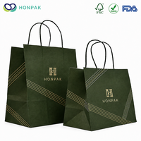Sac de shopping haut de gamme avec logo en feuille d'or et papier vert foncé pour l'emballage de marques de cosmétiques de mode HONPAK
