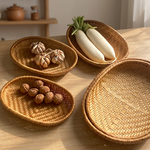 Handwoven Oval Bamboo Storage <b>Basket</b> Woven Fruit Tray Eco-Friendly Multifunction Organizer for Kitchen <b>Food</b> Storage - Product Image 1