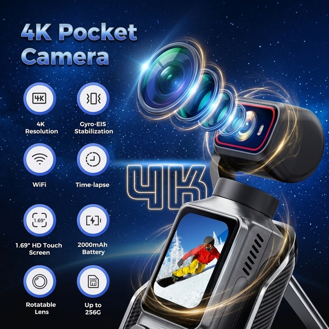 L19 Pocket Action Camera 4K Portable Handheld Anti Shake Touchscreen Recorder WiFi 2000mAh Large Battery TikTok Vlogging Camera
