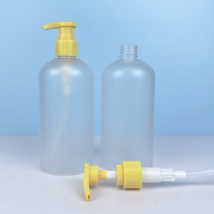 In Stock PET 400ml Transparent Matte Round Lotion Shampoo Plastic <b>Bottle</b> with Yellow <b>Pump</b> Cap - Product Image 1