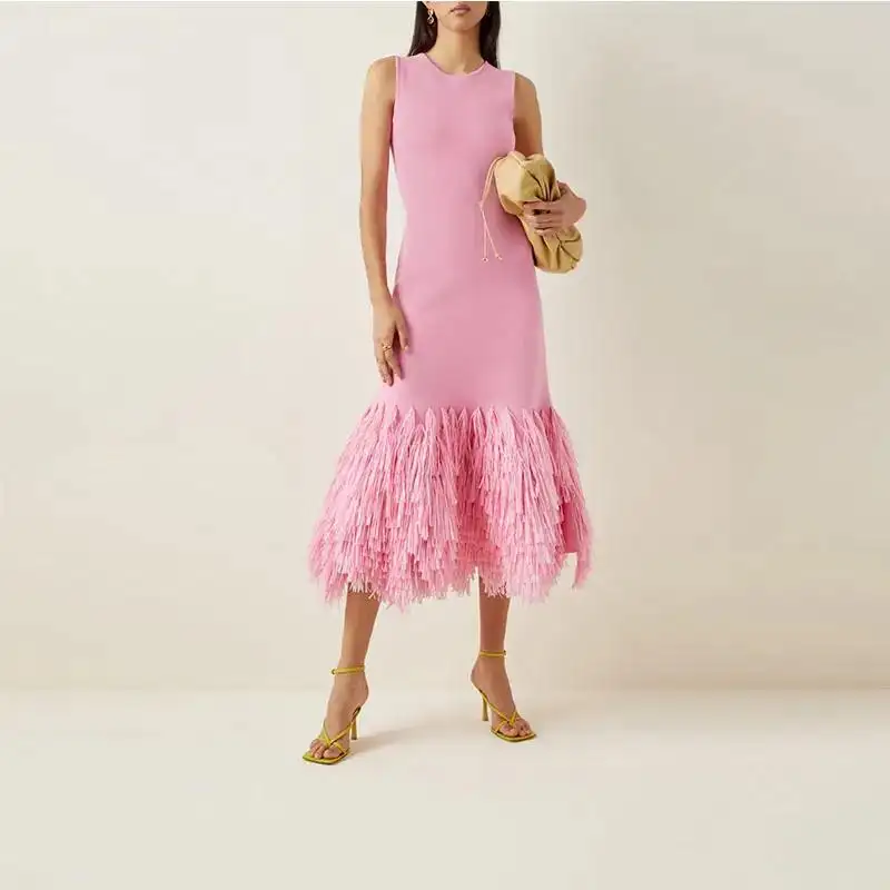 Custom Women Lady Elegant Fringed Crepe Midi Dress Custom Sleeveless Casual Knit Dress