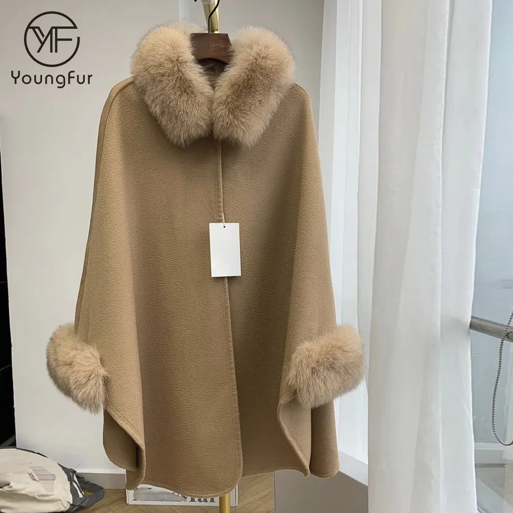 Wholesale Fashion Women Winter Design Long Style Ladies Cloak Coat Custom Handmade Cashmere Wool Coat Women with Fox Fur