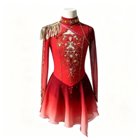Costume de patinage artistique dégradé rouge rose, robe en maille à manches longues avec strass pour filles adultes, compétition et performance