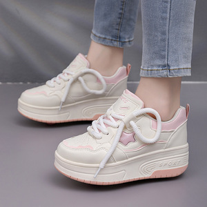 Baskets compensées pour femmes à plateforme, bout rond, en PU, semelle extérieure en caoutchouc, à lacets, rehaussantes, toutes saisons, blanc rose - Product Image 1