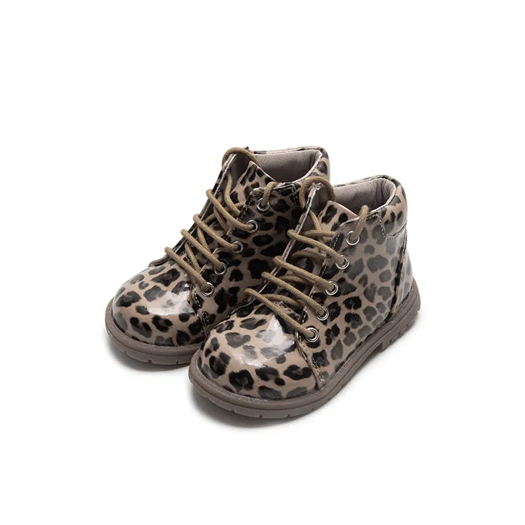 Fashion Winter Leopard Pint Leather Kids Combat Boots for Children Girls