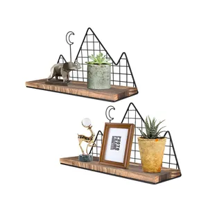 Decorative Set of 2 Rustic Shelves Hanging nursery wall mount display shelves wire wood wall shelf