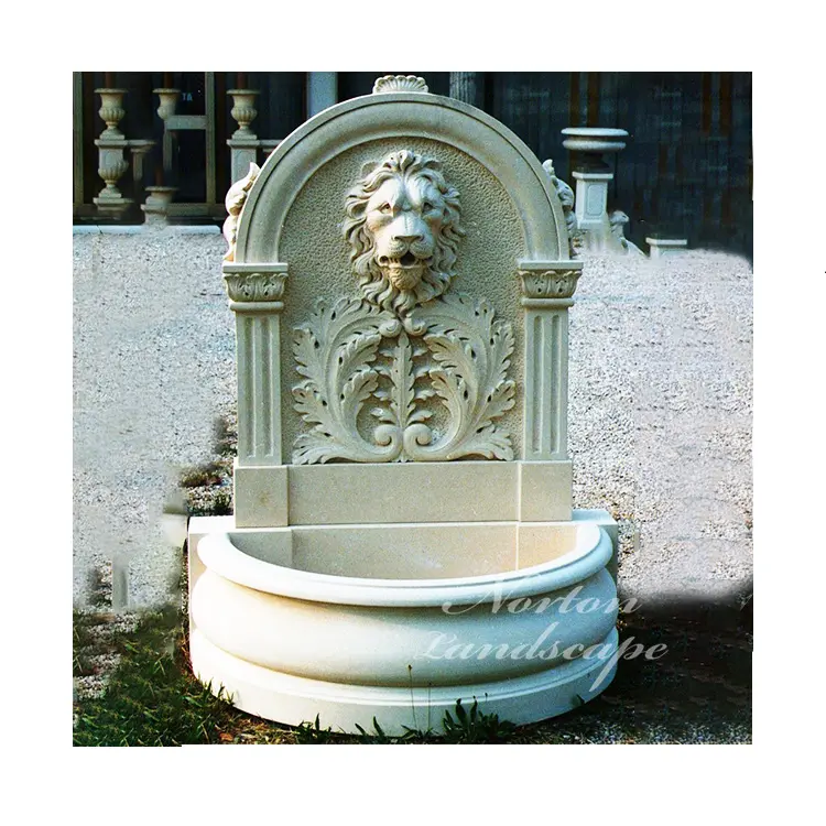 Fonte de água de jardim estilo europeu, fonte de água esculpida à mão, cabeça de leão, estatueta de parede