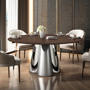 Diseños de <span class=keywords><strong>mesa</strong></span> de comedor de losa de tablón de <span class=keywords><strong>madera</strong></span> gruesa redonda ultra moderna en forma ovalada Acacia <span class=keywords><strong>madera</strong></span> de color caoba - Product Image 4