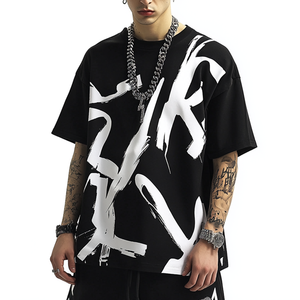 Promotion Exceptionnelle : T-Shirt <span class=keywords><strong>Noir</strong></span> Homme Oversize Imprimé Encre Abstraite Blanche, Confortable et Décontracté, Style Streetwear, Manches Courtes - Product Image 3