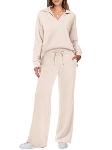 Conjunto de 2 Piezas para Mujer, Color Sólido, Tejido de Punto, Sudadera de Manga Larga, Pantalones con Cordón, Corte Regular Informal, Atuendo Otoñal, Cuello en V, Transpirable - Product Image 3