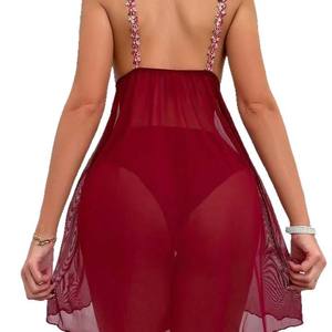 4 GRÖSSEN Sexy Damen-Nachthemd-Set Neu mit Netzstoff-Spitze Vordere Knopfleiste Stickerei-Dekoration - Product Image 5