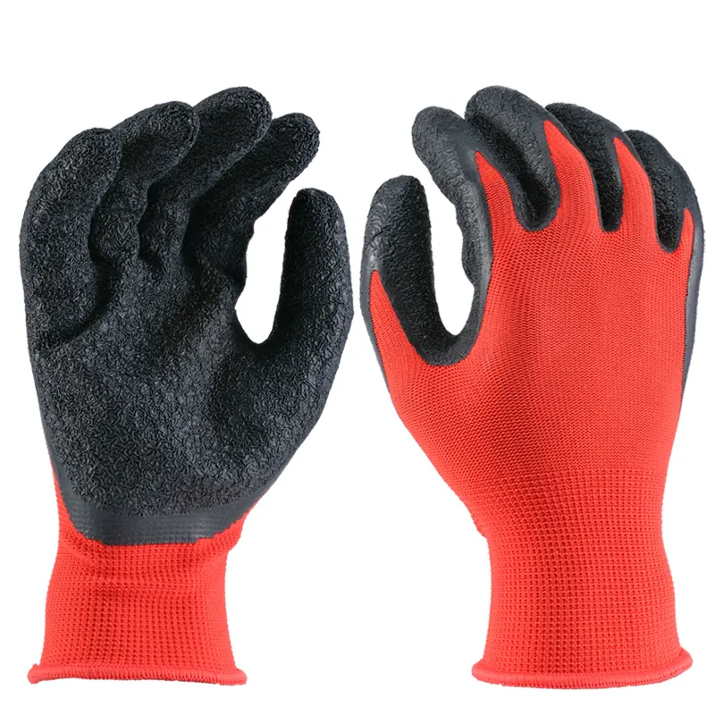 Factory Price 13 Gauge Red Black Polyester Cotton Crinkle Latex Palm Coated Safety Work Gloves For Garden Construction