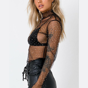 Camiseta de malla coreana de manga larga para mujer, blusa transparente negra con lentejuelas para mujer - Product Image 5