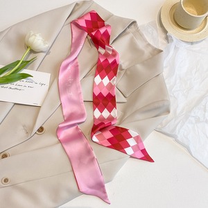Syal pita rambut wanita, motif kotak-kotak kotak merah muda, pita panjang Satin sutra, syal bando rambut untuk wanita - Product Image 2