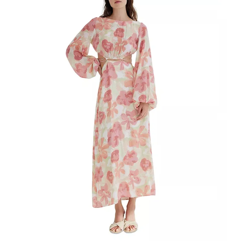 Manufacture Custom Oem Women Printed Maxi Fashion Clothing Long Puff Sleeve High Waist Cut Out Floral Summer Casual Dress