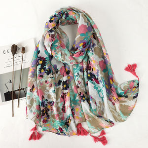 وشاح قطن كتان ناعم مطبوع شالات فسكوز للنساء أوشحة بشراشيب طويلة فاخرة - Product Image 3