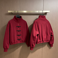 Chinesischer Frosch-Knopf Stehkragen Reißverschluss-Sweatshirt Rote Cropped Oversized Orientalische Vintage Streetwear Jacke für Herren