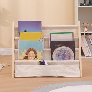 3-Layer Natural <b>Wood</b> Standing Type Kids Bookshelf Canvas Sling Sleeves Living Room Book <b>Shelves</b> for Toddlers Children Use Hand - Product Image 5