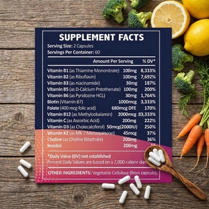 Capsules de <span class=keywords><strong>Vitamine</strong></span> <span class=keywords><strong>B</strong></span> Complexe 13-en-1, Supplément Biologique, Biotine pour l'Énergie, l'Immunité et la Santé, Fabrication GMP, Marque Privée OEM - Product Image 2