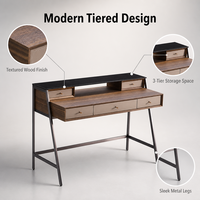 Bureau de toilette et coiffeuse modernes en placage d'eucalyptus avec plateau en verre trempé gris, tiroirs de rangement et pieds en acier inoxydable