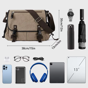 Canvas <strong>Messenger</strong> Bag <strong>with</strong> Adjustable <strong>Shoulder</strong> <strong>Strap</strong> and Multiple Pockets for Daily Work and Travel Use - Product Image 3