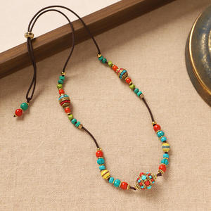 Vintage Tibetan-Style <strong>Nepali</strong> Ethnic <strong>Beaded</strong> Necklace Original Colorful Turquoise Copper Charm Braided Pendant Fashionable - Product Image 3