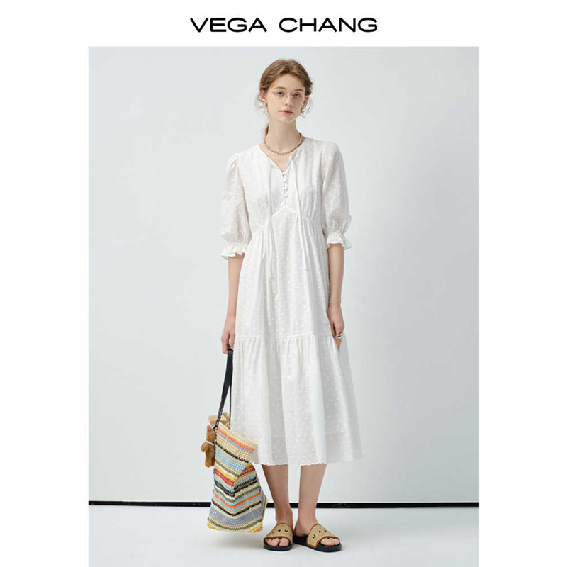 VEGA CHANG Весна и лето новое белое платье для похудения темперамент Локоть рукав пузырь рукав