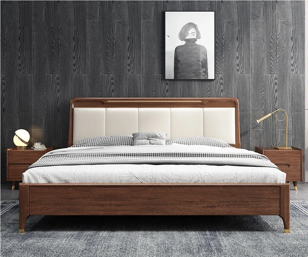 YQ JENMW नॉर्डिक आधुनिक नरम समर्थन ठोस लकड़ी चमड़े बिस्तर डबल बिस्तर 1.8 मीटर 1.5 मीटर