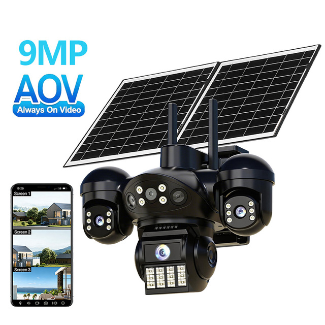 Solar Security Camera 4G WiFi Outdoor 9MP PTZ Two-way Audio Full-color Night Vision AOV Camera Multi-Screen HD Best Selling