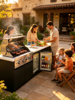 Centre de cuisson extérieur moderne et confortable avec barbecue au gaz intégré, évier en acier inoxydable et mini-réfrigérateur pour les barbecues de week-end en famille