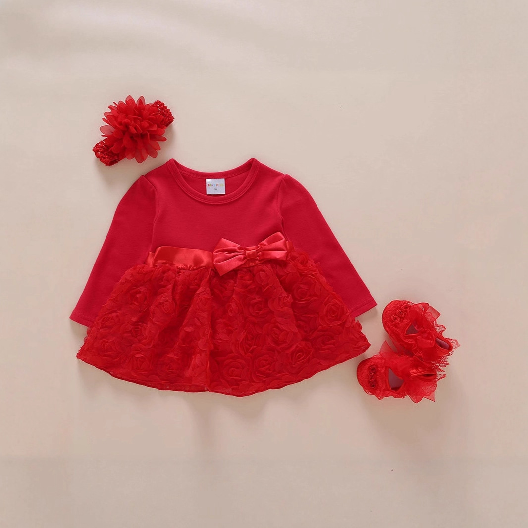 open lace back dress Red Lace Collar Girl Outfit Set, Set / 9M main image 0