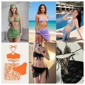Women Solid Color Deep V Neck Crossed Halter Top <b>Skirt</b> Bottom Stretch Swimwear Spandex Nylon Regular Fit <b>Bikini</b> 3 Piece Set - Product Image 2