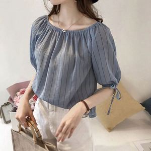 NY 2026 Blusa de Chifón a Rayas con Hombros Descubiertos y Manga Linterna, Estilo Novedoso y Elegante para Mujer - Product Image 3