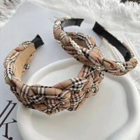 Automne hiver mode Vintage classique Extra large marron tissu tressé damier impression bandeau anti-dérapant lavage visage dent bande de cheveux