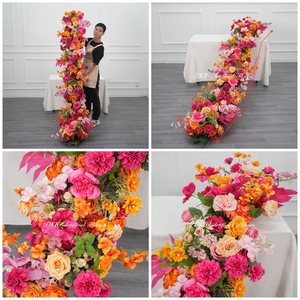 Décoration florale de table haute simulation aux couleurs printanières, chemin de table de 200 cm aux fleurs <span class=keywords><strong>orange</strong></span> vif et rose bonbon pour mariage - Product Image 3