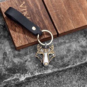 Fenrir Wolf Head <b>Keychain</b> Stainless Steel Celtic Pattern Metal Spring Buckle Leather Strap Double Pendant - Product Image 3