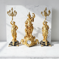 Jam Dinding dan Tempat Lilin Gaya Prancis Berlapis Emas 24K dari Kuningan Padat dengan Figur Dewi Cahaya & Mekanisme Pertanian