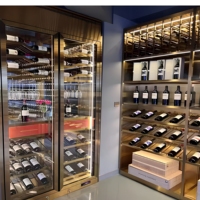 Armoire à vin en chêne massif en acier inoxydable or rose sur mesure, rétroéclairée par LED, avec verre trempé, design moderne, température constante