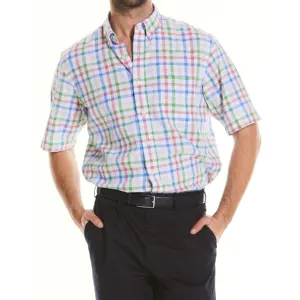 定制短袖常规合身格子亚麻混纺纽扣男式衬衫