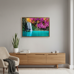 Nature's Serenity Art Deco Panel Printed Canvas Print of Purple Trees & Waterfall Clear <b>Framed</b> Hanging Wall Art - Product Image 3