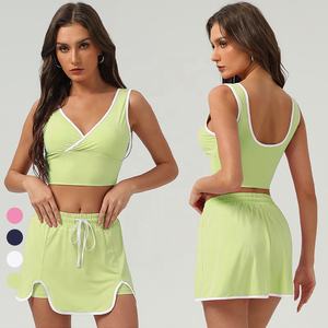 Damen 2 Stück Tennis rock Set Farb block Golf Pickle ball Workout Outfit Ärmelloser Sport-Skort mit V-Ausschnitt und Tasche - Product Image 5